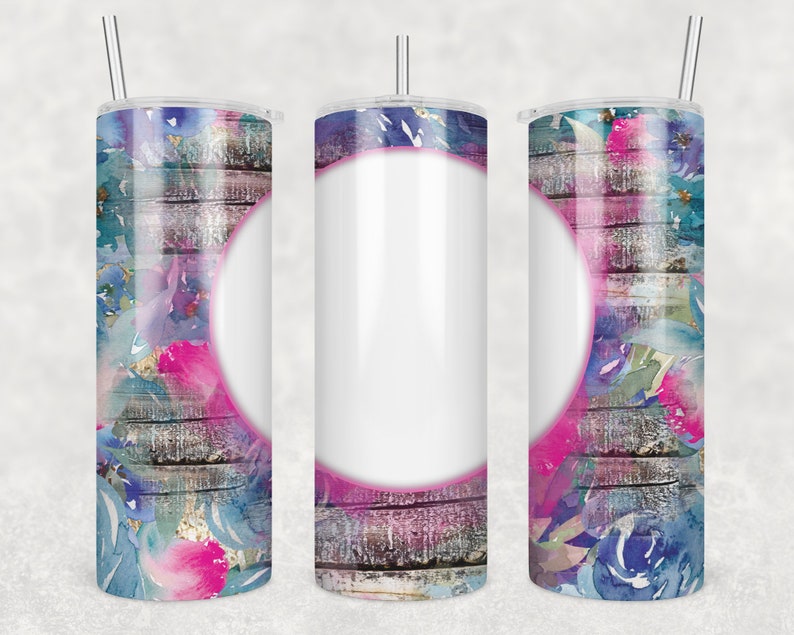 20 Oz Skinny Tumbler Sublimation Template Pink Floral and Wood Splash ...