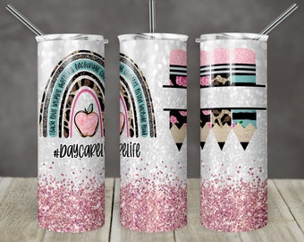 20 oz Skinny Tumbler Regenbogen Pink Glitzer Kindertagesstätte Lebensbecher Vollstifte Kita Sublimation Design PNG Instant DIGITAL ONLY