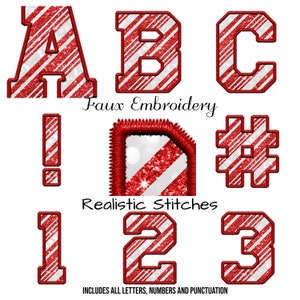 May include: Red and white striped faux embroidery letters, numbers, and punctuation marks. The letters have a glittery effect. The text "Faux Embroidery" and "Realistic Stitches" are included in the image.