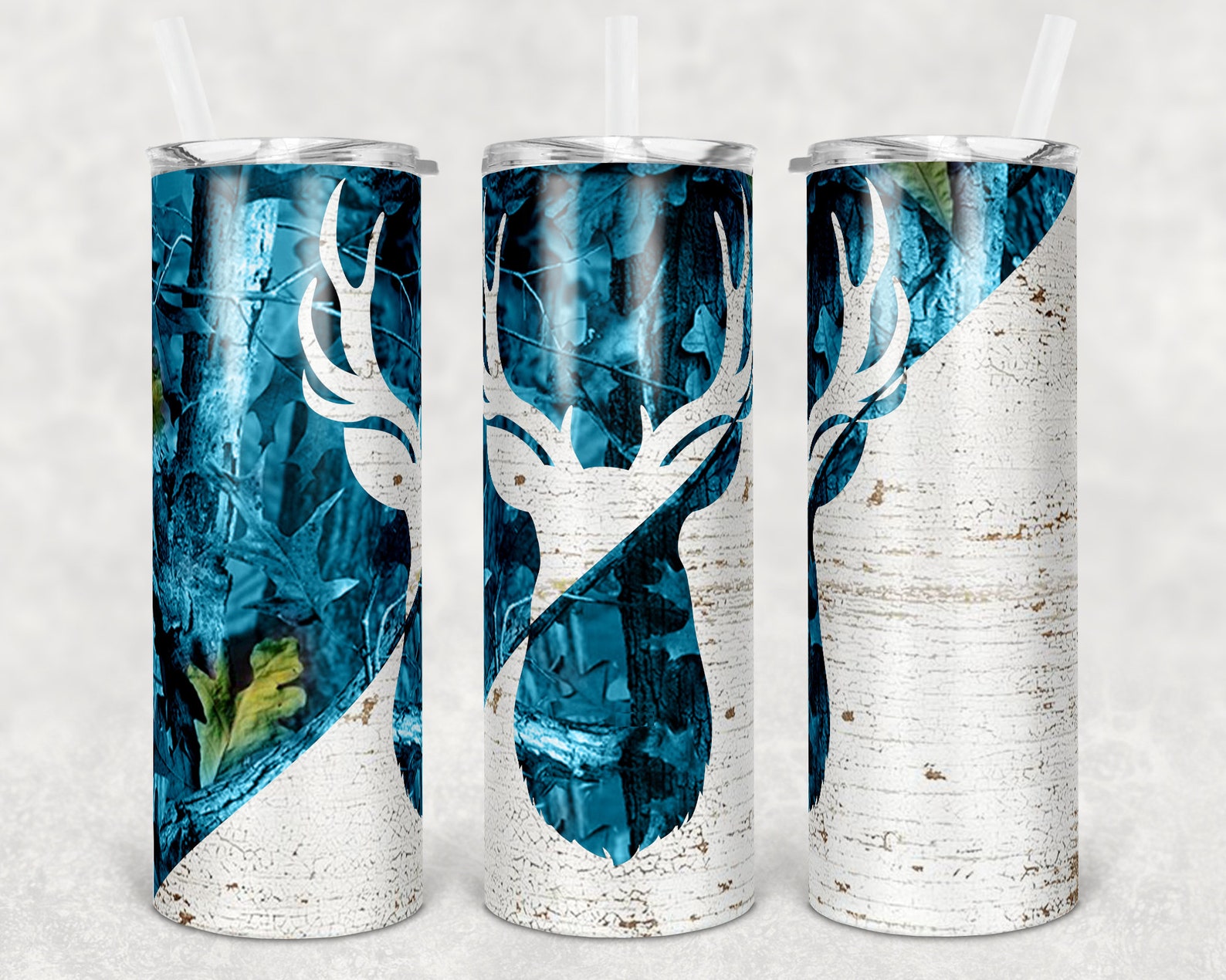 20 Oz Skinny Tumbler Camp Deer Teal Camo and Wood Sublimation Design ...