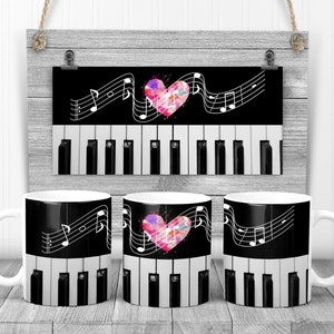 Sublimation Coffee Mug Piano Heart Notes Music Sublimation Design Digital Design Download Size to 100 oz or 15 oz PNG Instant DIGITAL ONLY