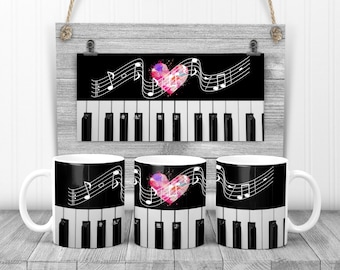 Sublimation Coffee Mug Piano Heart Notes Music Sublimation Design Digital Design Download Size to 100 oz or 15 oz PNG Instant DIGITAL ONLY