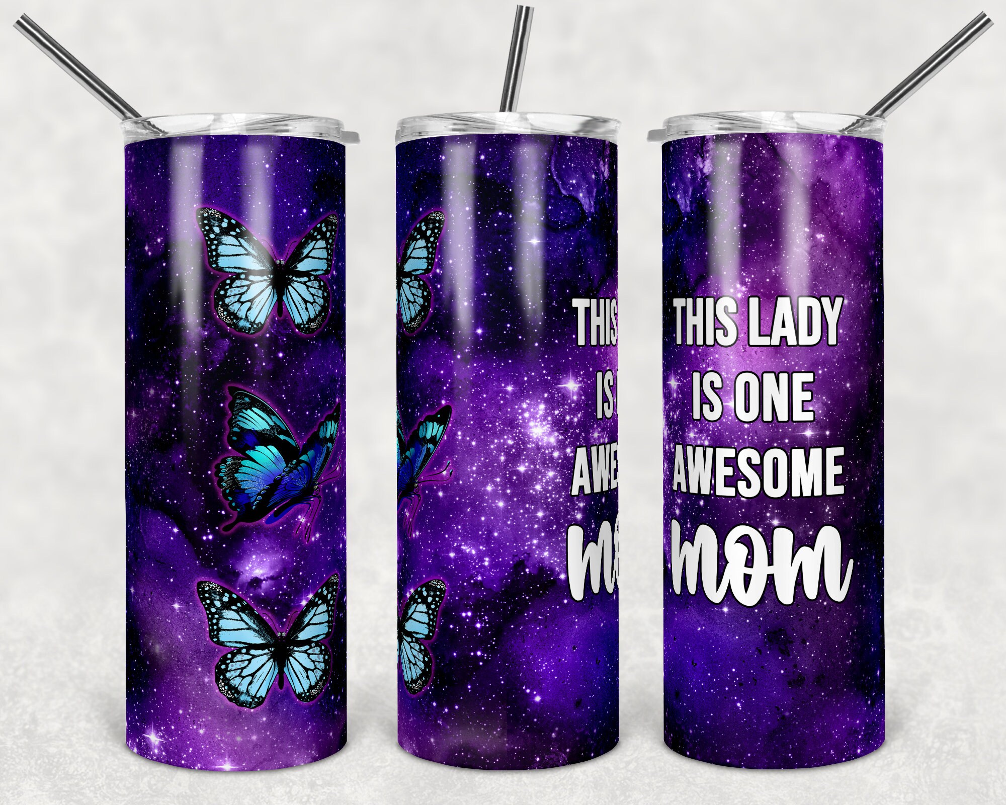 20 oz Skinny Tumbler Butterfly Purple Galaxy One Awesome Mom Seamless Sublimation Design Digital Download PNG DIGITAL ONLY