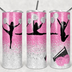 20 oz Skinny Tumbler Cheer Pink White Glitter Sublimation Design  Digital Download PNG Instant DIGITAL ONLY rts tumblers Tamara