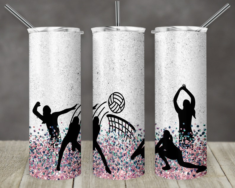 May include: Three white stainless steel tumblers with a glitter design and black silhouettes of volleyball players. The tumblers have lids and straws.