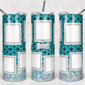 20 oz Skinny Tumbler Dog Picture Frame Teal Blue Holographic Faux Glitter Tumbler photos Sublimation Design PNG Instant DIGITAL ONLY