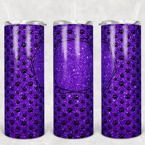 20 oz Skinny Tumbler Sublimation Purple Glitter Paw Dog Frame Add Text Personalize Template Straight Warped Digital Download PNG