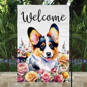 Floral Dog Welcome Garden Flag PNG 12 x 18 Sublimation Flags Design Digital Download Instant DIGITAL ONLY Corgi Welsh Tricolor