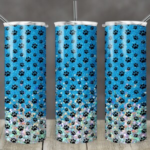 20 oz Skinny Tumbler Sublimation Blue Glitter Paw Dog Holographic Glitter Personalize Template Straight Digital Download PNG