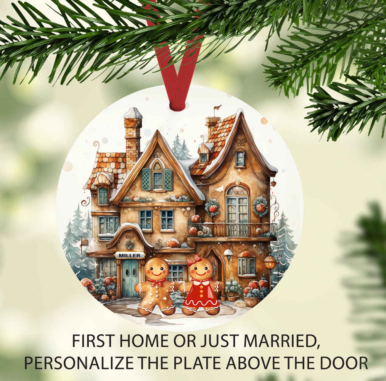 Round Christmas Ornament Gingerbread Couple with House First Home Just Married design Template Personalize Download PNG DIGITAL Only