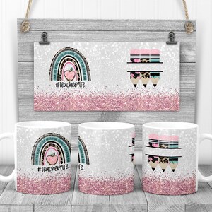 May include: Three white ceramic mugs with a pink glitter background. The mugs feature a rainbow with a teacher apple and the text "#teacherlife". One mug features a row of pencils with a leopard print design.
