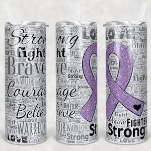 20 oz Skinny Tumbler Sublimation Glitter Awareness Ribbon Word Art Cancer Lavender Purple Straight Warped Design Digital Download PNG