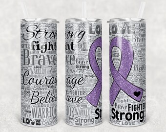 20 oz Skinny Tumbler Sublimation Glitzer Bewusstseinsband Wort Kunst Krebs Lavendel Lila Straight Warped Design Digital Download PNG