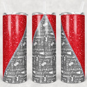 20 oz Skinny Tumbler Cheer Red Gray Glitter Cheer Cheerleading Sublimation Design Digital Download PNG Instant DIGITAL ONLY