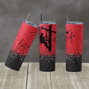 20 oz Skinny Tumbler Sublimation Design Template Red Glitter Line Wife Lineman Design Digital Download PNG Instant DIGITAL Only