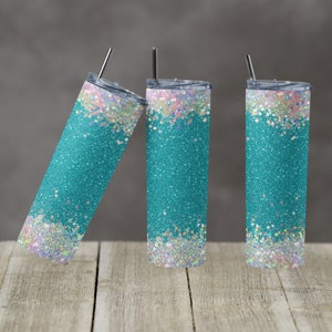 20 oz Skinny Tumbler Sublimatie Design Template Glitter Teal Holografische boven en onder Wit Recht Ontwerp Digitale Download PNG