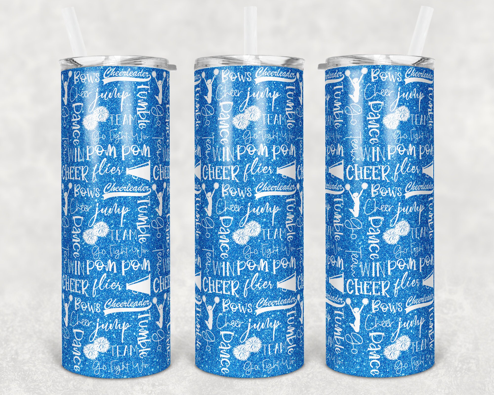 20 oz Skinny Tumbler Cheer Blue Glitter Cheer Words Cheerleading Sublimation Design Digital Download PNG Instant DIGITAL ONLY