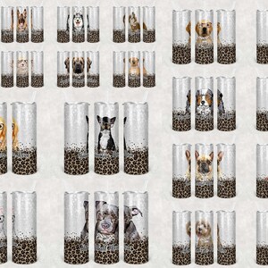 May include: A set of 20 stainless steel tumblers with various dog breeds wearing glasses. Each tumbler features a leopard print design and a glitter finish.