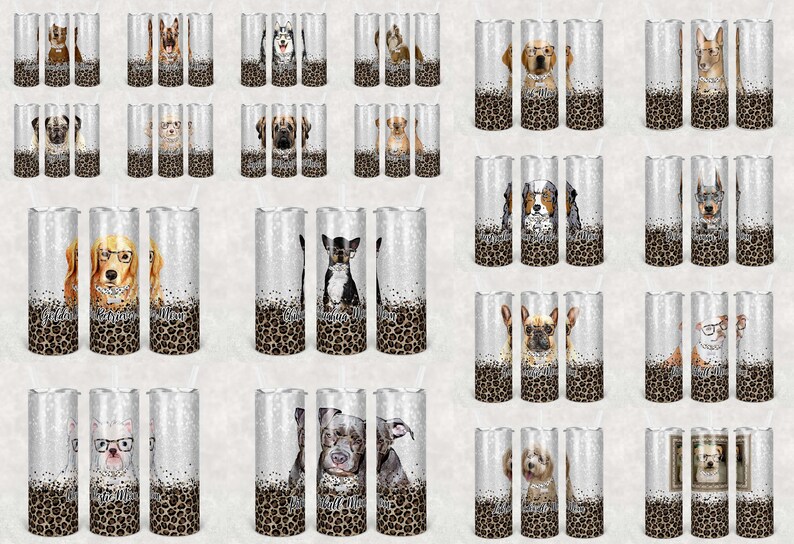 May include: A set of 20 stainless steel tumblers with various dog breeds wearing glasses. Each tumbler features a leopard print design and a glitter finish.
