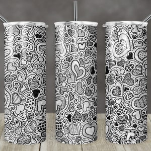 Modelo de design de sublimação de copo magro de 20 onças Dia dos Namorados corações brilhantes branco preto Contorno Design reto Download digital PNG