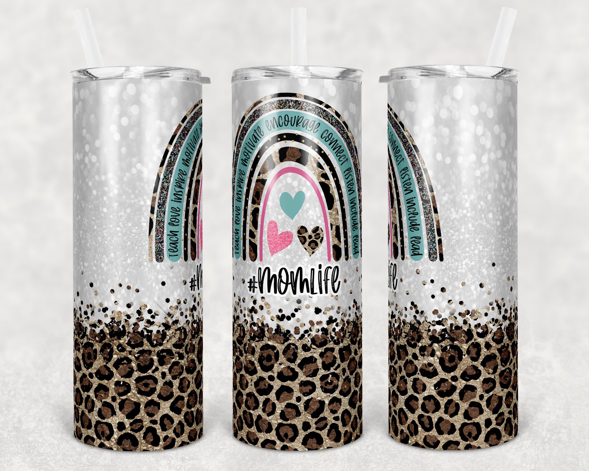 20 Oz Skinny Tumbler Rainbow Leopard Glitter Heart Grandma and Mom Life ...