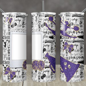 20 oz Skinny Tumbler Cheer Photo Faux Glitter Purple Gold Sublimation Design Digital Download PNG Instant DIGITAL ONLY