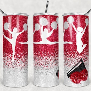 20 oz Skinny Tumbler Cheer Red White Glitter Sublimation Design  Digital Download PNG Instant DIGITAL ONLY rts tumblers Tamara