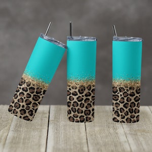 20 oz Skinny Tumbler Sublimation Design Template Glitter Gold Ocean Blue Horizontal Leopard Straight Design Digital Download PNG