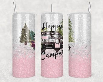 20 oz Skinny Tumbler Happy Camper Pink Glitter Trailer Sublimation Design Digital Download PNG Instant DIGITAL ONLY rts tumblers Tamara