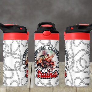 May include: Three red and black water bottles with a white background. The bottles have a design of train tracks and a train with the words "Forever Chasing Trains".