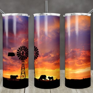 20 oz Skinny Tumbler Cattle Windmill Sunset Silhouette Sublimation Design PNG Instant DIGITAL ALLEEN rts tumblers Tamara