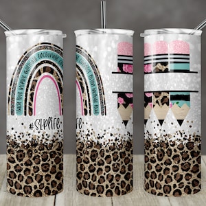 20 oz Skinny Tumbler Rainbow Leopard Glitter Speech SLP Tumbler Pencil Monogram Teacher Life Sublimation Design PNG Instant DIGITAL