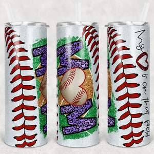 20 oz Skinny Tumbler Baseball Mom Purple Leopard Heart on Field Sublimation Design Template Design Digital Download PNG Instant DIGITAL ONLY
