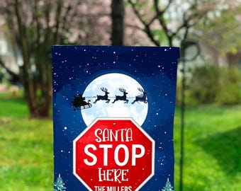 Garden Flag Christmas Santa Stop Here Personalize Sign Sublimation Design Digital Download PNG Instant DIGITAL ONLY Flying Sleigh