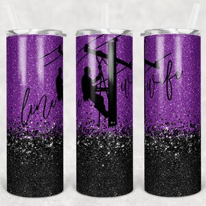 20 oz Skinny Tumbler Sublimation Design Template Purple Glitter Line Wife Lineman Design Digital Download PNG Instant DIGITAL Only