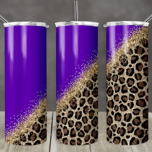 20 oz Skinny Tumbler Sublimation Design Template Glitter Gold Purple Diagonal Leopard Straight personalize Name Design Digital Download PNG