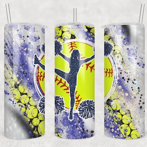 20 oz Skinny Tumbler Softball Cheer Blue Glitter Sublimation Design Template Design Digital Download PNG Instant DIGITAL ONLY
