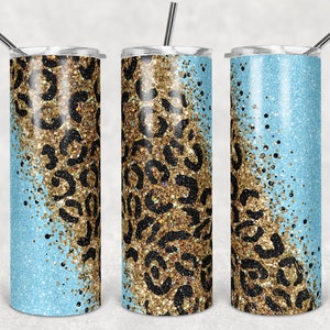 Modelo de design de sublimação de copo magro de 20 onças Glitter dourado azul diagonal leopardo design reto e distorcido download digital png