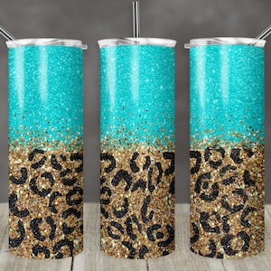 20 oz Skinny Tumbler Sublimation Design Template Glitter Turquoise Gold Horizontal Leopard Straight Design Digital Download PNG