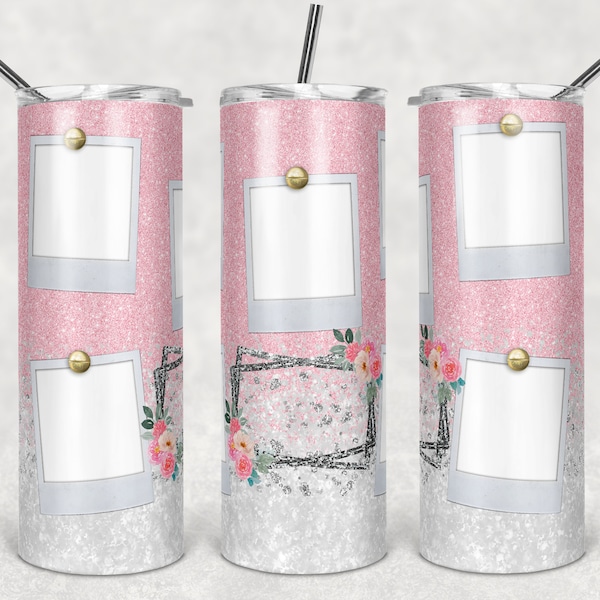 20 oz Skinny Tumbler Pink White Glitter 5 Photo Picture Sublimation Design  Digital Download PNG Instant DIGITAL ONLY Tumbler Design