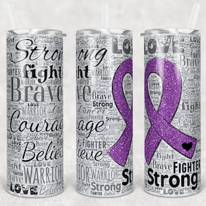 20 oz Skinny Tumbler Sublimation Glitter Awareness Ribbon Word Art Cancer Purple Straight Warped Design Digital Download PNG tumblers Tamara