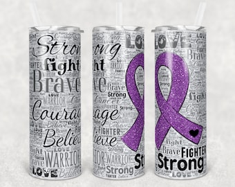 20 oz Skinny Tumbler Sublimation Glitzer Bewusstseinsband Wort Kunst Krebs Lila Gerade Verzogen Design Digital Download PNG Tumbler Tamara