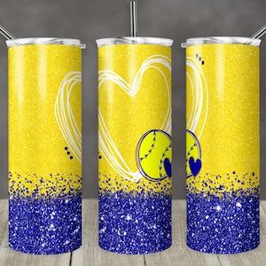 20 oz Skinny Tumbler Sublimation Design Template Softball Glitter Design Digital Download PNG Instant DIGITAL ONLY Blue Yellow