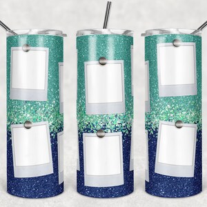 20 oz Skinny Tumbler glitter ombre with photo Frames Navy and Teal Sublimation Design  Digital Download PNG DIGITAL ONLY