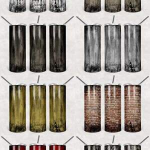 Könnte beinhalten: Set mit 12 Edelstahl-Bechern mit verschiedenen Holzmaserungen, Ziegel- und Baumrindenmustern. Die Becher sind alle gleich groß und haben die gleiche Form und einen silbernen Deckel und einen Strohhalm.
