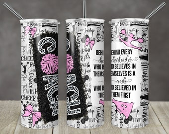 May include: Three white tumblers with black and pink glitter designs. The tumblers feature cheerleading-themed text and graphics, including pom-poms, bows, and the words "Go Fight Win" and "Behind Every Cheerleader Who Believes In Themselves Is A Coach Who Believed In Them First".