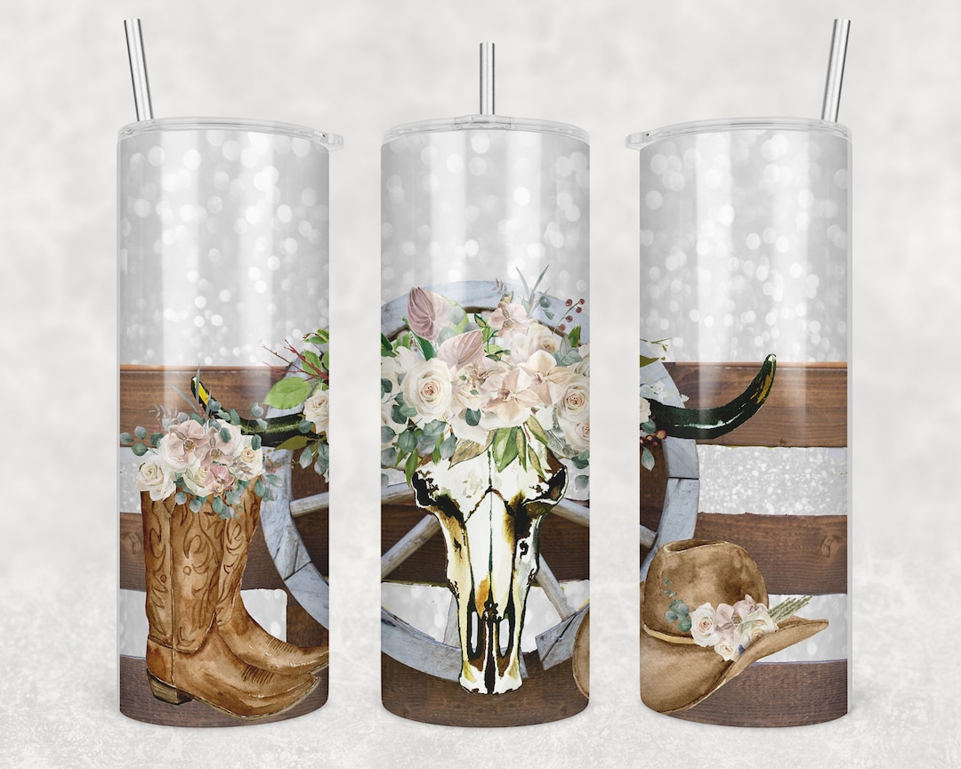 20 Oz Skinny Tumbler Sublimation Design Template Boho Western Skull ...
