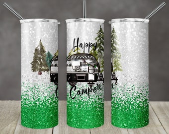 20 oz Skinny Tumbler Happy Camper Green Glitter Trailer Sublimation Design Digital Download PNG Instant DIGITAL ONLY
