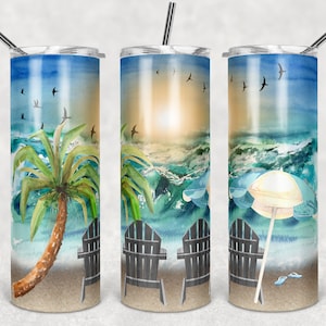 20 oz Skinny Tumbler Beach Chairs Beach Day Ocean tumbler Sublimation Design PNG Instant DIGITAL ONLY rts tumblers Tamara