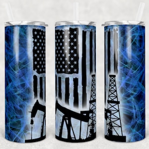 20 oz Skinny Tumbler Oilfield Oil Rig Blue Smoke Background Flag Sublimation Design Digital Download PNG Instant DIGITAL ONLY